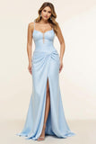 Spaghetti Straps Sky Blue Satin Ruched Prom Dress with Slit