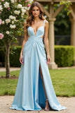 Satin Sky Blue Spaghetti Straps Ruched A Line Prom Dress with Slit