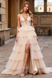 Halter Pink Tulle Lace Tiered Prom Dress with Slit
