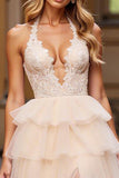 Halter Pink Tulle Lace Tiered Prom Dress with Slit