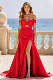 Off the Shoulder Red Satin A Line Hollow-out Prom Dress with Slit
