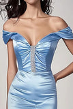 Sky Blue Off The Shoulder Mermaid Prom Dress with Slit