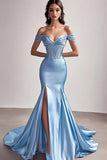 Sky Blue Off The Shoulder Mermaid Satin Prom Dress