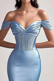 Sky Blue Off The Shoulder Mermaid Satin Prom Dress