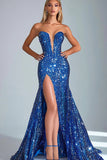 Royal Blue Strapless Mermaid Sequins Prom Dress