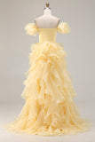 Yellow Off The Shoulder Mermaid Ruffles Satin Prom Dress