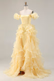 Yellow Off The Shoulder Mermaid Ruffles Satin Prom Dress
