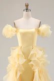 Yellow Off The Shoulder Mermaid Ruffles Satin Prom Dress