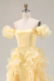 Yellow Off The Shoulder Mermaid Ruffles Satin Prom Dress