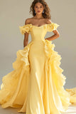 Yellow Off The Shoulder Mermaid Ruffles Satin Prom Dress