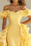 Yellow Off The Shoulder Mermaid Ruffles Satin Prom Dress