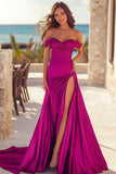 Fuchsia Off The Shoulder Ruched Prom Dress