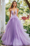 Lilac A Line Deep V-Neck Tulle Prom Dress