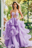 Lilac Strapless A Line Ruffles Tiered Tulle Prom Dress
