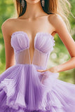 Lilac Strapless A Line Ruffles Tiered Tulle Prom Dress