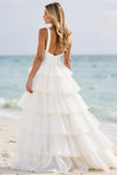 White A Line Tiered Organza Prom Dress