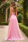 Pink A Line Spaghetti Straps Chiffon Prom Dress