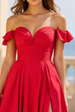 Red A Line Off the Shoulder Satin Long Prom Dress with Slit