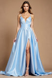 Sky Blue A Line Simple Ruched Satin Long Prom Dress