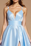 Sky Blue A Line Simple Ruched Satin Long Prom Dress