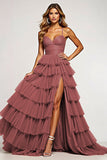 Desert Rose A Line Tulle Long Prom Dress with Ruffles