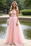 Pink A Line Spaghetti Straps Long Prom Dress with Lace