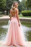 Pink A Line Spaghetti Straps Long Prom Dress with Lace
