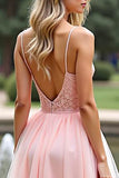 Pink A Line Spaghetti Straps Long Prom Dress with Lace