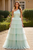 Mint Green A Line One Shoulder Tulle Long Prom Dress with Ruffles