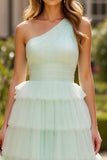 Mint Green A Line One Shoulder Tulle Long Prom Dress with Ruffles
