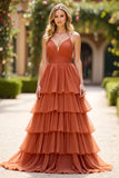 Terracotta A Line V-Neck Ruffled Long Prom Dress