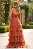 Terracotta A Line V-Neck Ruffled Long Prom Dress