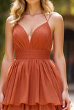 Terracotta A Line V-Neck Ruffled Long Prom Dress