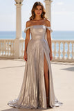 Sliver Metallic A Line Off the Shoulder Pleated Long Prom Dress with Slit