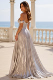 Sliver Metallic A Line Off the Shoulder Pleated Long Prom Dress with Slit
