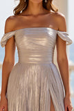 Sliver Metallic A Line Off the Shoulder Pleated Long Prom Dress with Slit