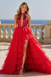 Sparkly Red A Line High Neck Ruffled Tulle Long Prom Dress with Keyhole