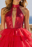Sparkly Red A Line High Neck Ruffled Tulle Long Prom Dress with Keyhole