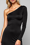 Black Sheath One Shoulder Satin Long Prom Dress with Sleeves