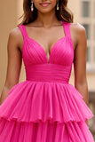 Fuchsia A Line V-Neck Tulle Long Prom Dress with Ruffles