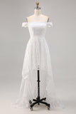 White Lace Off the Shoulder High-Low Boho Wedding Dress