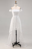White Off the Shoulder Lace High-Low Boho Wedding Dress