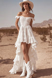 White Lace Off the Shoulder High-Low Boho Wedding Dress