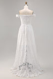 White Lace Off the Shoulder High-Low Boho Wedding Dress
