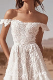 White Lace Off the Shoulder High-Low Boho Wedding Dress