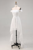 White Lace Off the Shoulder High-Low Boho Wedding Dress