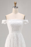 White Lace Off the Shoulder High-Low Boho Wedding Dress