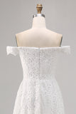 White Off the Shoulder Lace High-Low Boho Wedding Dress