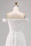 White Lace Off the Shoulder High-Low Boho Wedding Dress
