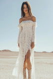 Off the Shoulder White Lace Sheath Boho Wedding Dress with Slit